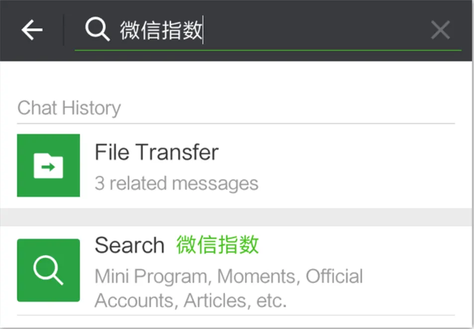 WeChat search bar with 微信指数 (WeChat Index) typed in, in a 2017 screenshot