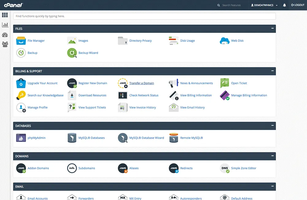 cPanel dashboard with the Backup and Backup Wizard icons in the Files section, and phpMyAdmin under Databases