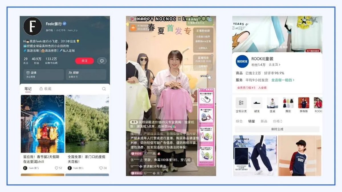 Three Xiaohongshu screens: a travel creator’s profile, a live-streaming clothing sale and a children’s clothing store