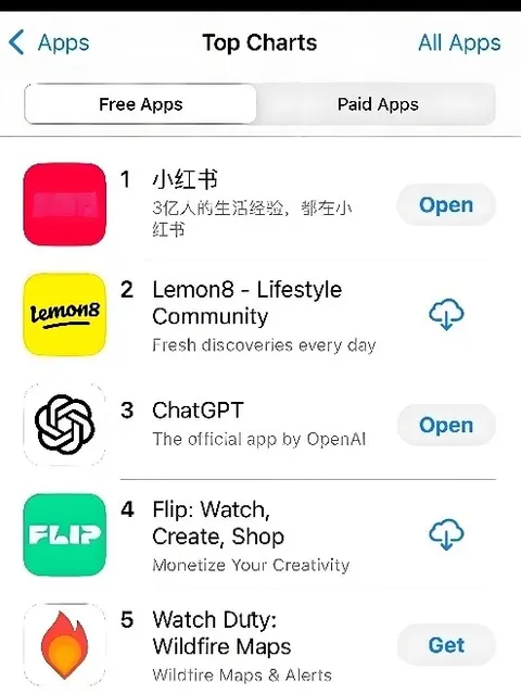 App Store top free apps chart with Xiaohongshu first, ahead of Lemon8, ChatGPT, Flip and Watch Duty