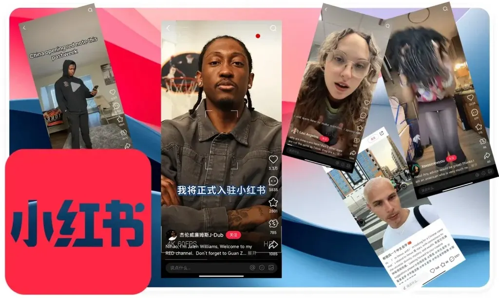 Xiaohongshu logo next to screenshots of American users introducing themselves on the app
