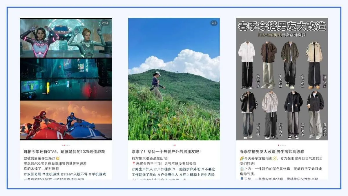 Three Xiaohongshu notes about video games, outdoor hiking and men’s spring outfits, each with photos, a title and hashtags