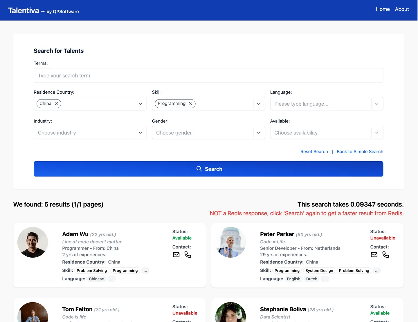 Talentiva by QPSoftware search page: filters by country and skill, five talent profiles and a search time of 0.09347 seconds