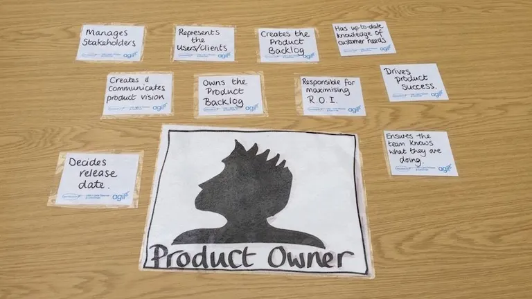 Handwritten cards listing Product Owner duties, such as owning the product backlog and managing stakeholders