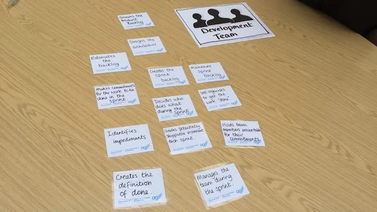 Handwritten cards listing Development Team duties, such as creating the sprint backlog and a shippable increment