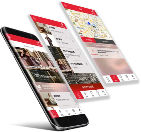 Three Android screens seen at an angle, one of them a map view