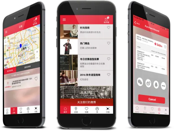 An iOS app on three iPhone screens: map, content list and purchase record