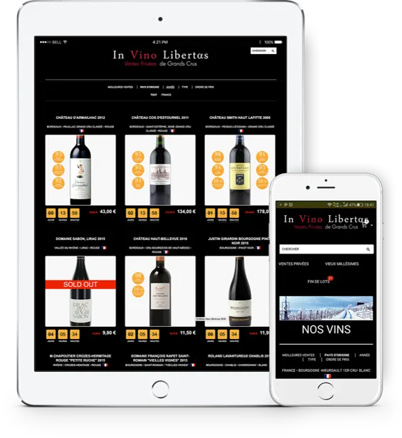 A wine shop built on Magento, on a tablet and a phone