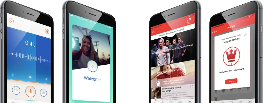Four iOS screens seen at an angle, from a voice message to a video call