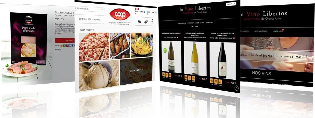Pages of several Magento shops fanned out side by side
