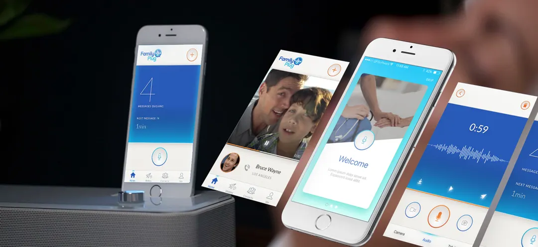 Three phones showing the FamilyPlug app: a video call, a countdown and a voice message