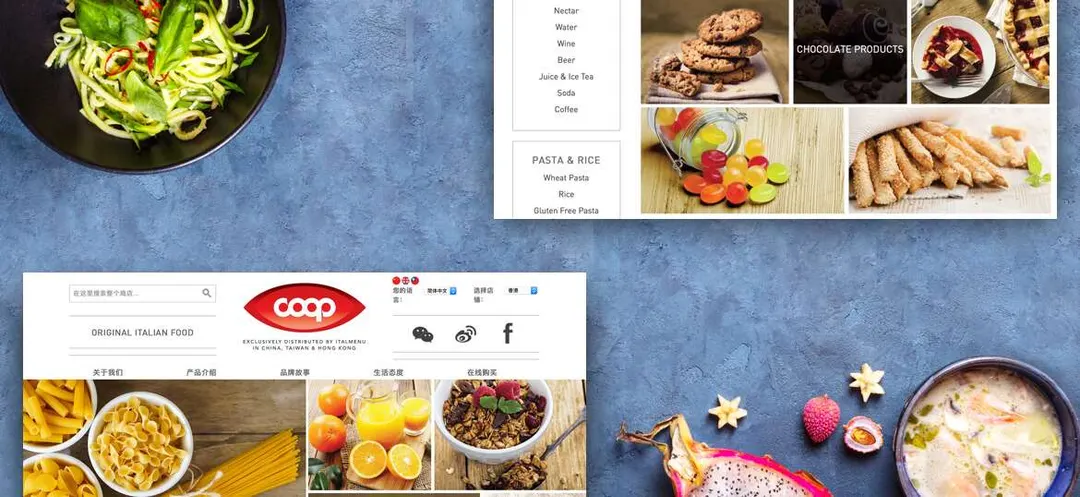 Italian dishes, pasta and pastries photographed around the Coop Asia home page