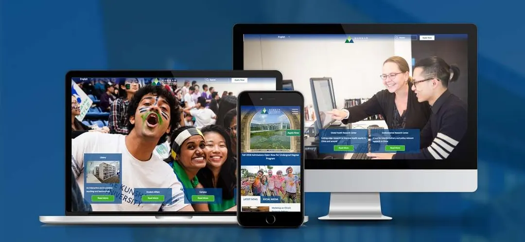 The Duke Kunshan University site on a desktop screen, a tablet and a phone, with campus photos