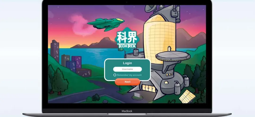 The TechTrek game login screen on a laptop, with its cartoon robot
