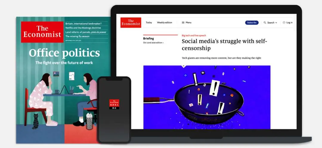 The Economist print edition beside the same issue read on a phone and a laptop
