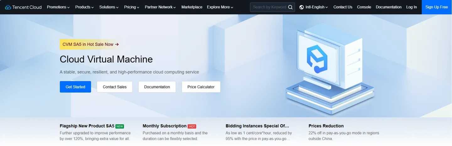 Tencent Cloud international website, Cloud Virtual Machine product page