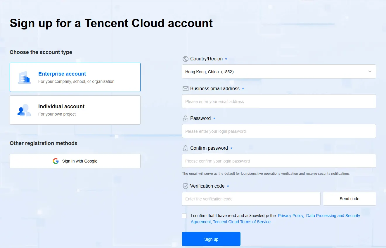 Tencent Cloud sign-up page with the choice of an enterprise or individual account, country, email and password