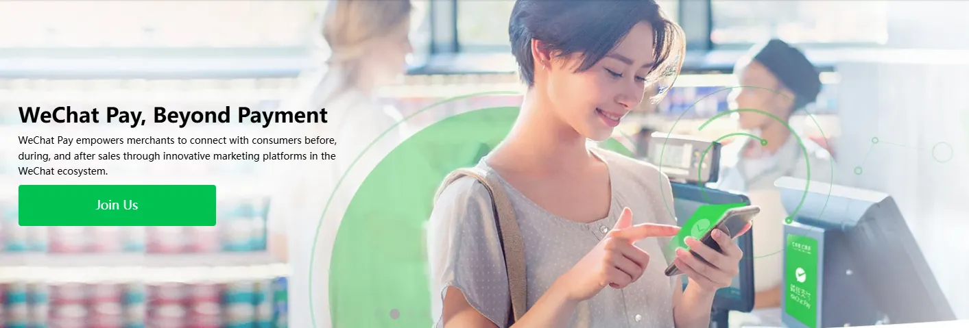 WeChat Pay banner showing a customer paying with her phone at a store checkout, with the line WeChat Pay, Beyond Payment