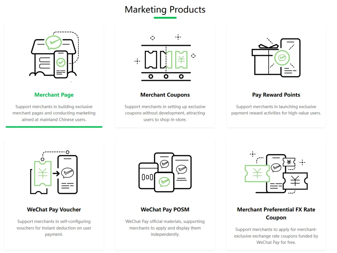 WeChat Pay marketing products: Merchant Page, Merchant Coupons, Pay Reward Points, WeChat Pay Voucher, WeChat Pay POSM and Merchant Preferential FX Rate Coupon