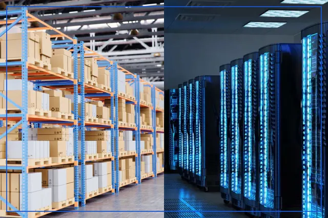 Warehouse shelves stocked with boxes next to data center server racks