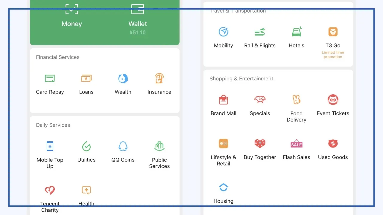 WeChat Pay Services page: Money, Wallet, financial, daily, travel and shopping services