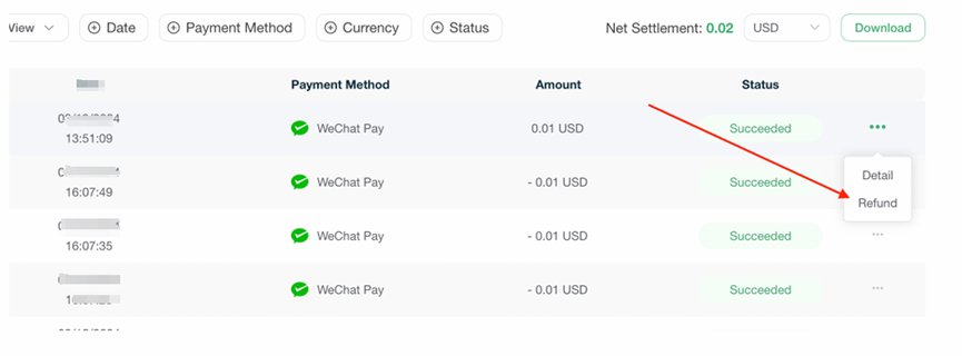 A WeChat Pay settlement table, with the refund action opened on one transaction