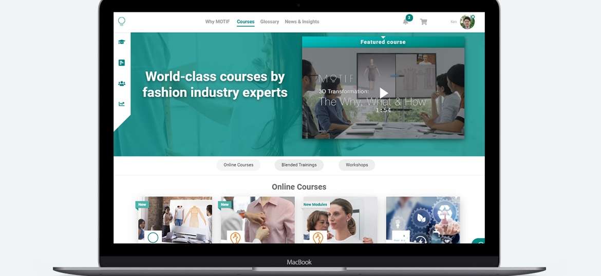 The MOTIF home page on a laptop, listing its fashion industry courses